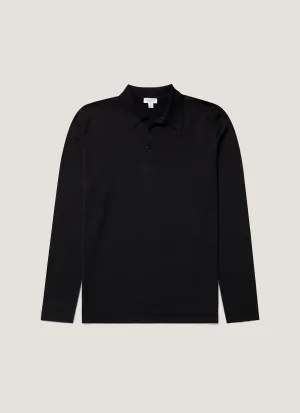Leisure Casual Men's Long Sleeve Sea Island Cotton Knit Polo Shirt in Black