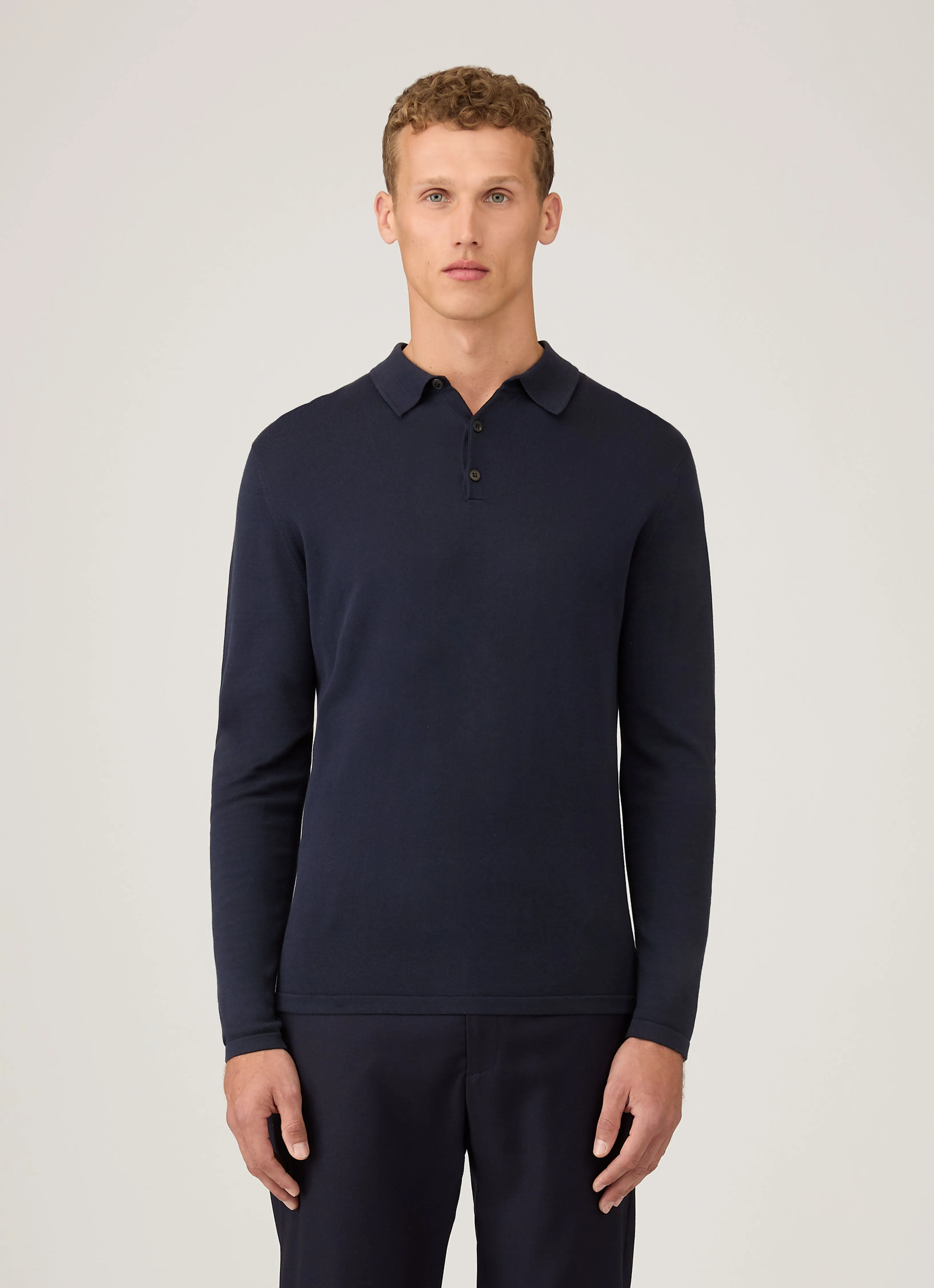 Light Fit Wear Lightweight Material Men's Long Sleeve Sea Island Cotton Knit Polo Shirt in Light Navy
