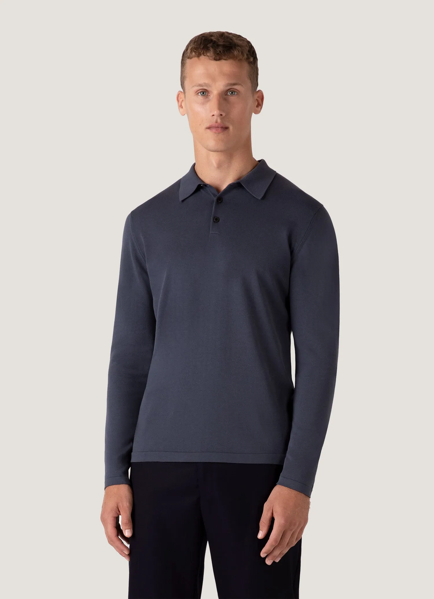 Men's Long Sleeve Sea Island Cotton Knit Polo Shirt in Slate Blue Brushed Interior Lining Soft Layer