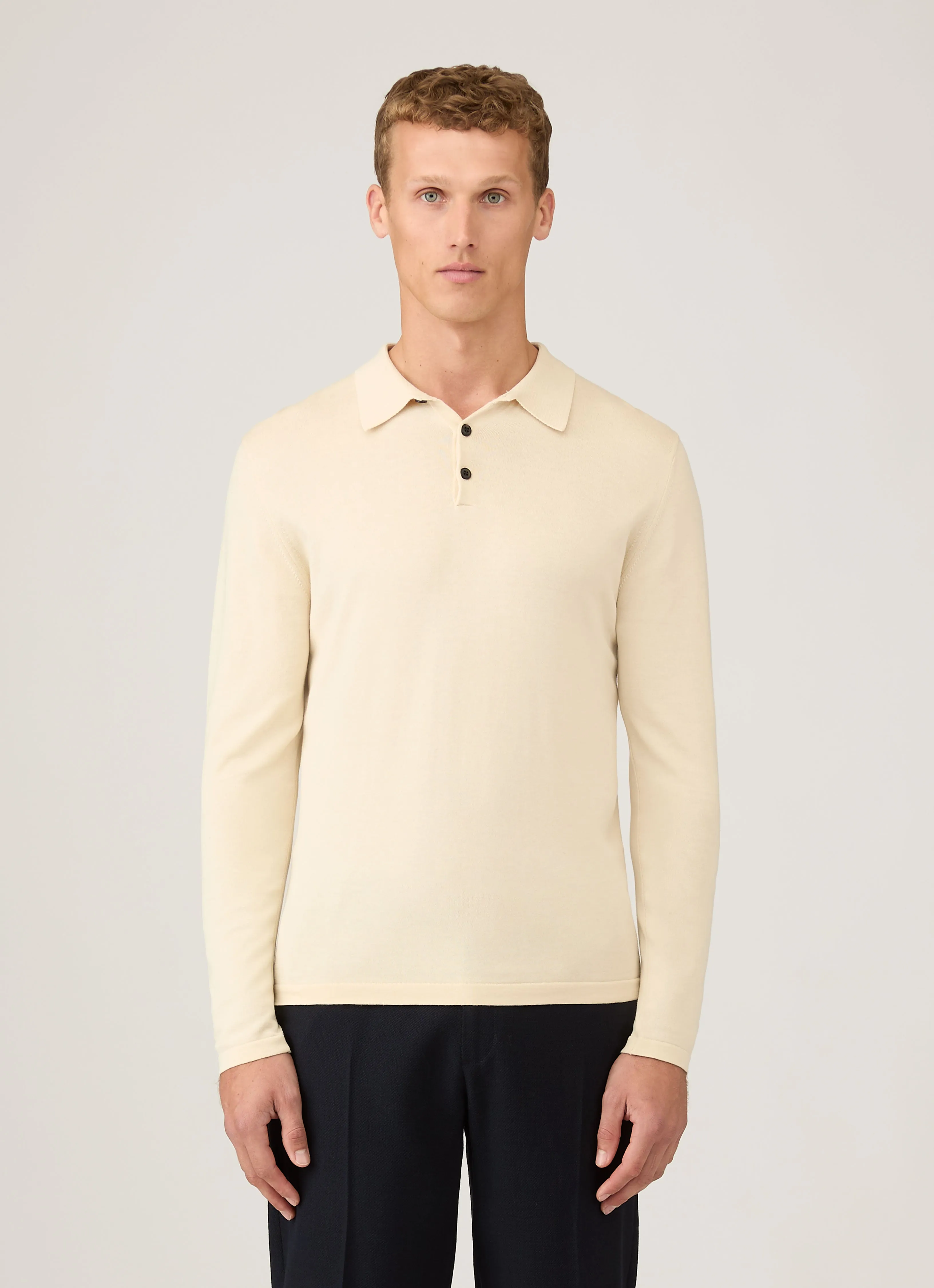 Casual layering piece Men's Long Sleeve Sea Island Cotton Knit Polo Shirt in Undyed