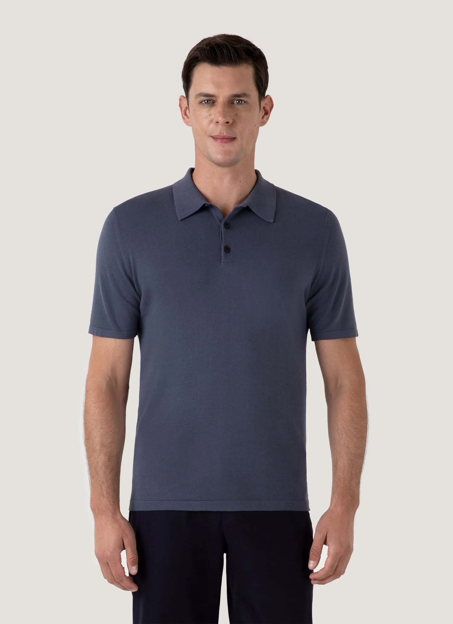 Men's Sea Island Cotton Knit Polo Shirt in Slate Blue Casual Chic Sporty Look