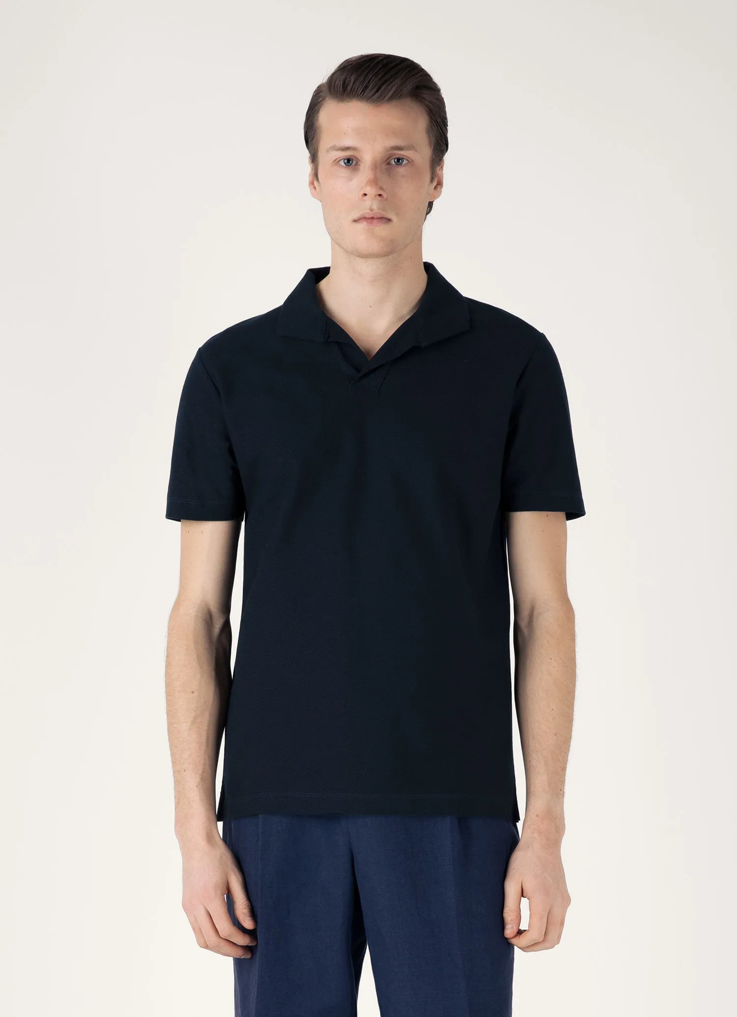 Men's Textured Jersey Polo Shirt in Midnight Navy Yarn Dyed Fabric