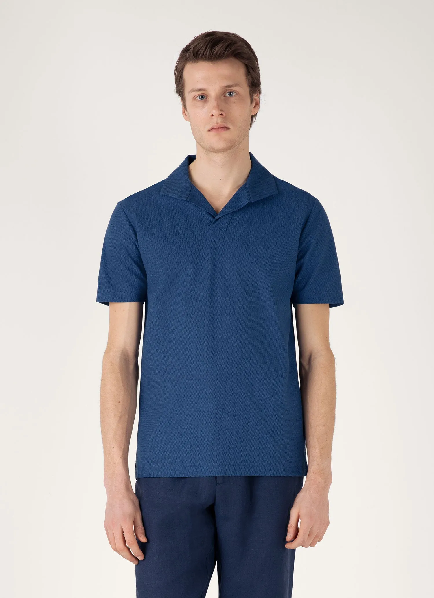 Men's Textured Jersey Polo Shirt in Soft Denim Camping practicality
