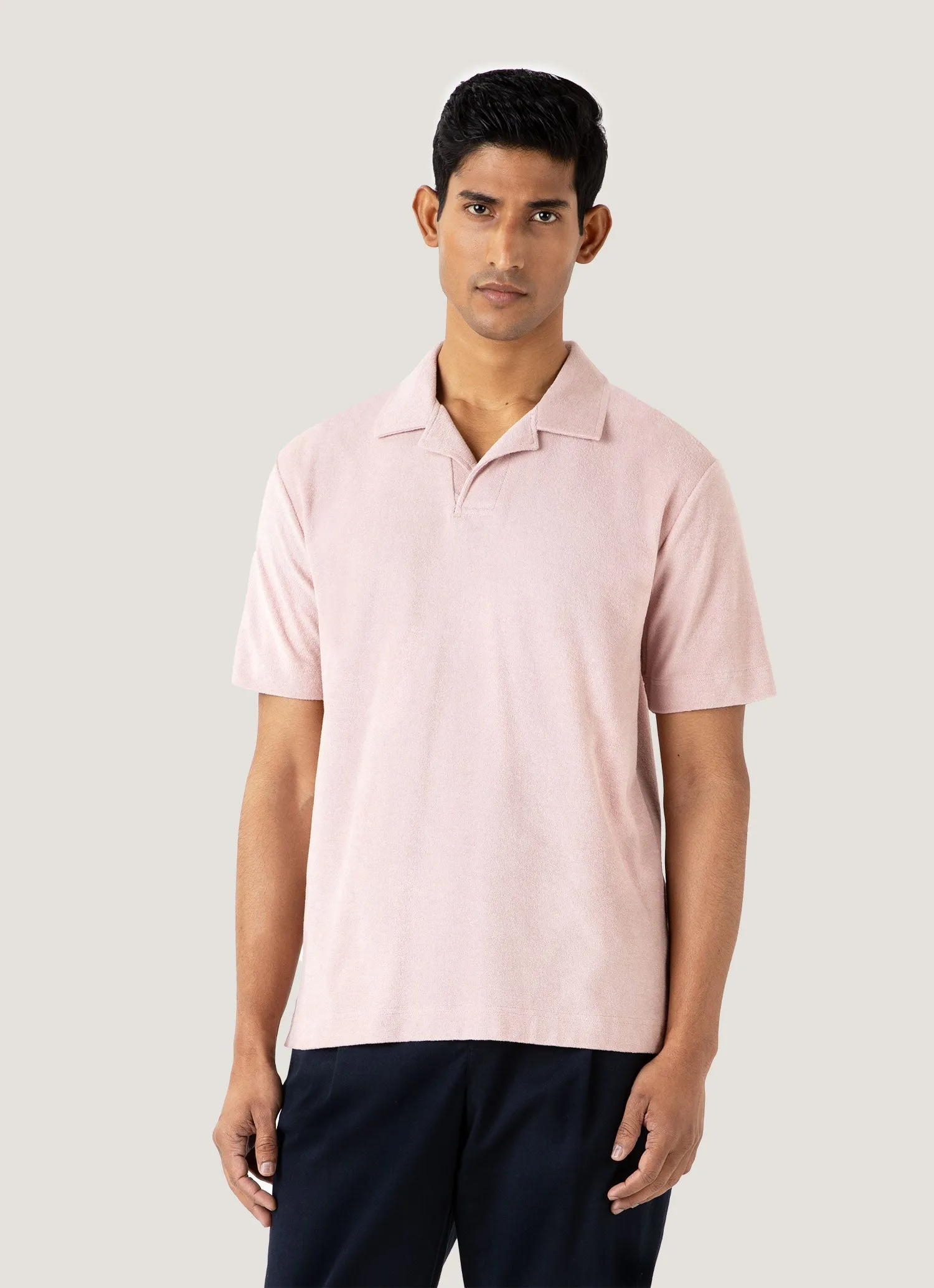 Men's Towelling Polo Shirt in Pale Pink Double Stitched Seams Holiday Comfort Style