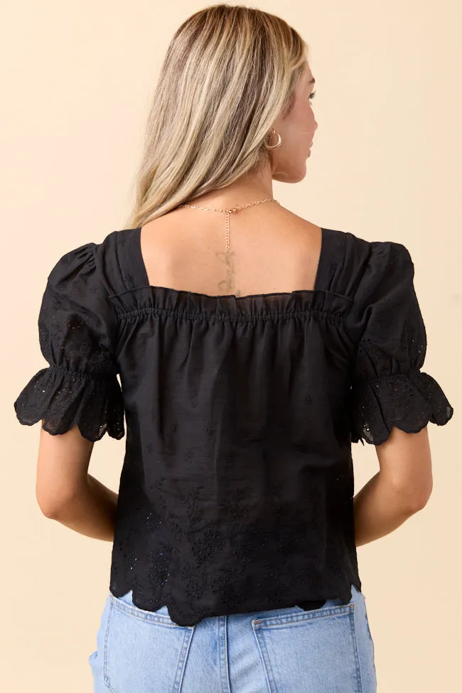 Breathable Stretch Fabric Michelle Black Eyelet Puff Sleeve Top