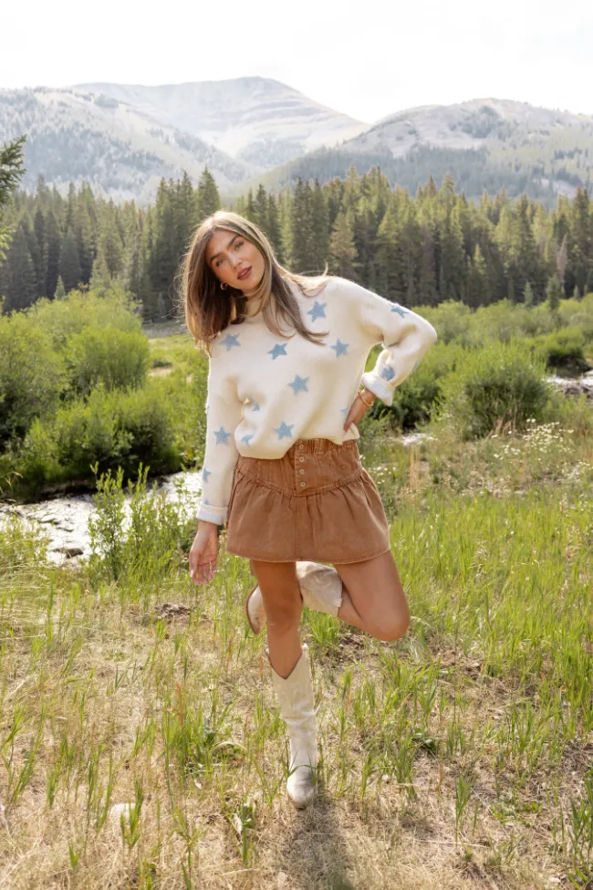 Future Edge Sharp Line Tilda Cream and Blue Star Print Mock Neck Sweater