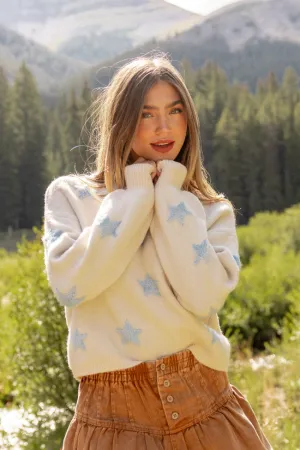 Sophisticated Style BreathableLining Tilda Cream and Blue Star Print Mock Neck Sweater