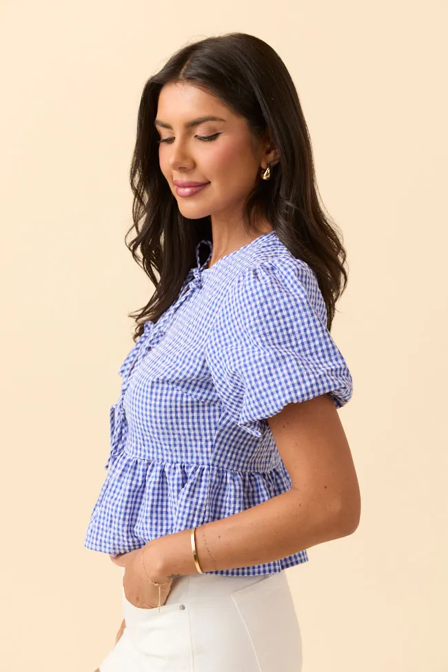 Mila Blue Gingham Tie Front Flounce Woven Blouse EcoDye Process Story Mood