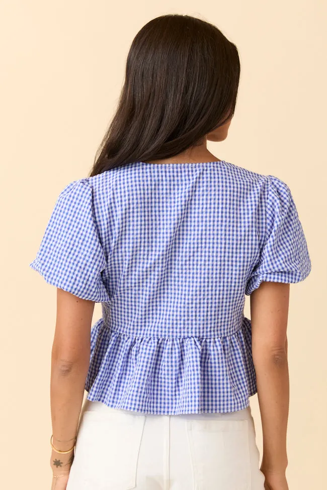 Mila Blue Gingham Tie Front Flounce Woven Blouse Fashion Forward Wonder Core
