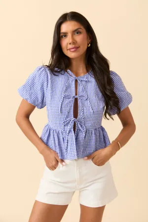 Flexible Outerwear Hero Mode Mila Blue Gingham Tie Front Flounce Woven Blouse