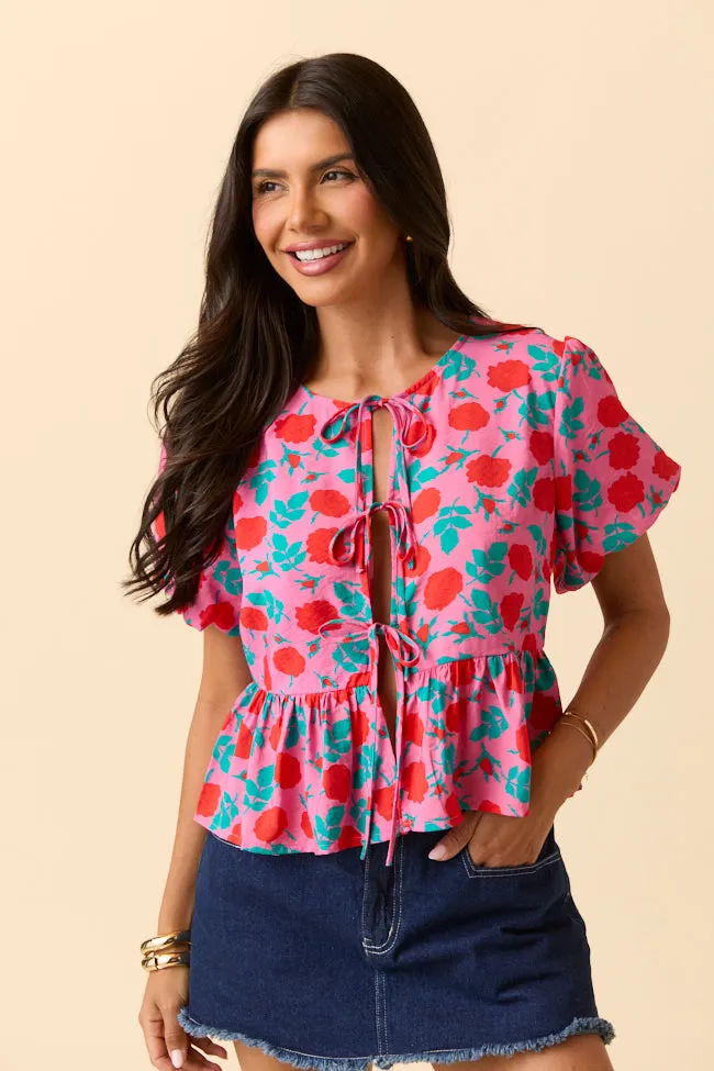 AntiPilling Finish Foldable Hem Mila Pink And Red Floral Tie Front Flounce Woven Blouse