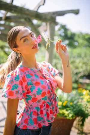 Mila Pink And Red Floral Tie Front Flounce Woven Blouse Stage Feel