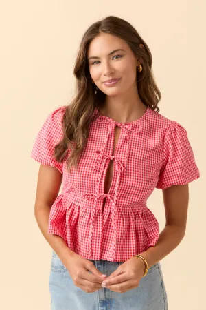 Cozy Robe Mila Red Gingham Tie Front Flounce Woven Blouse