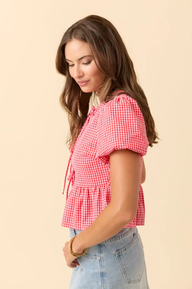 HeatReflective Lining ReflectiveTrimDetails Mila Red Gingham Tie Front Flounce Woven Blouse