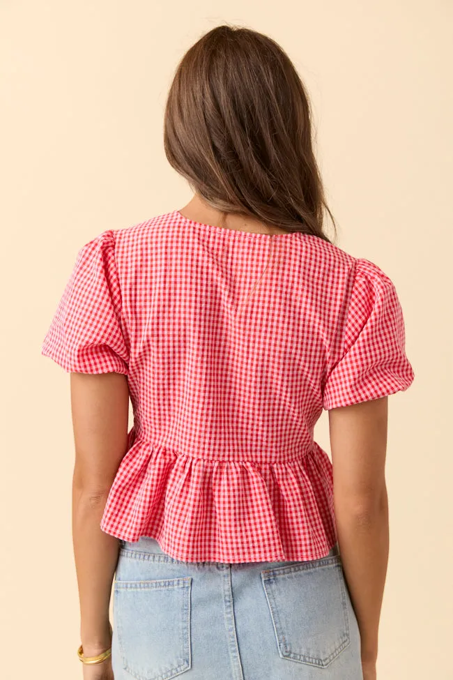 Mila Red Gingham Tie Front Flounce Woven Blouse athletic shoes