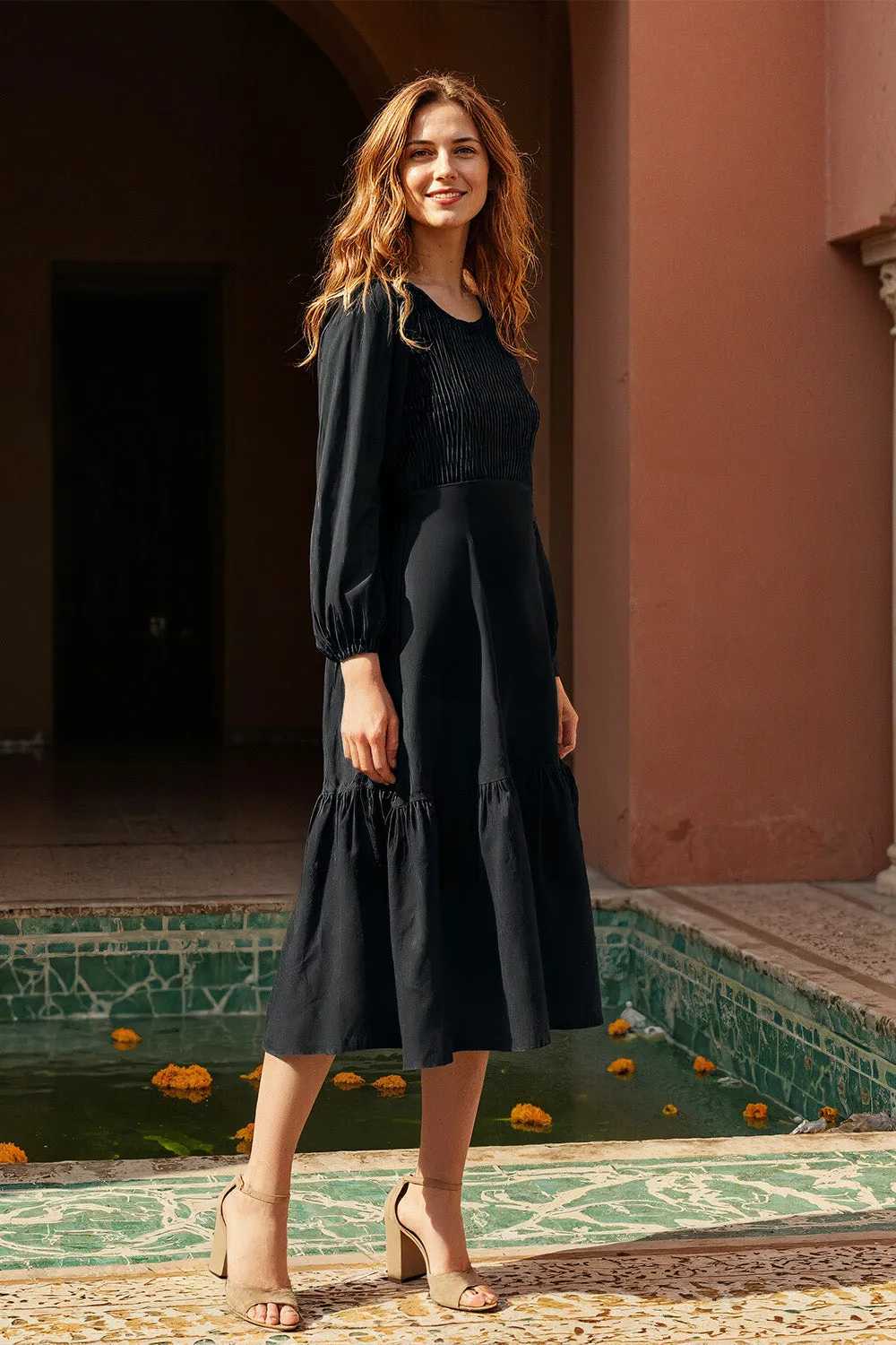 Timeless Waistband Fit Flowy Texture Minden Linen Long Sleeve Shirred Dress in Black