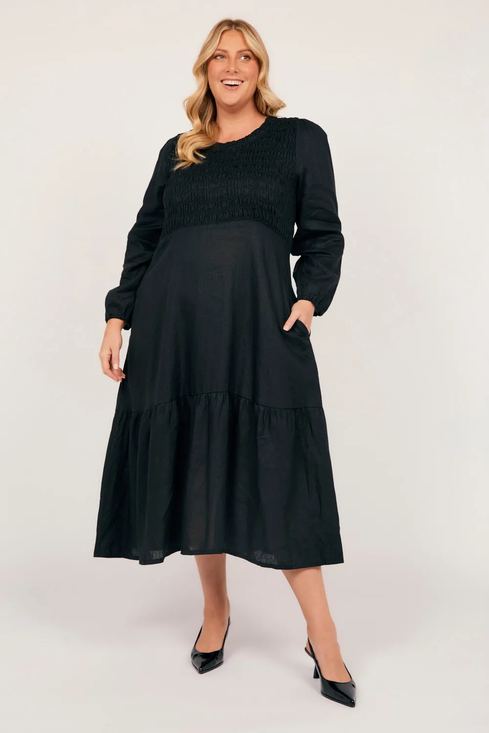 Minden Linen Long Sleeve Shirred Dress in Black classic waist