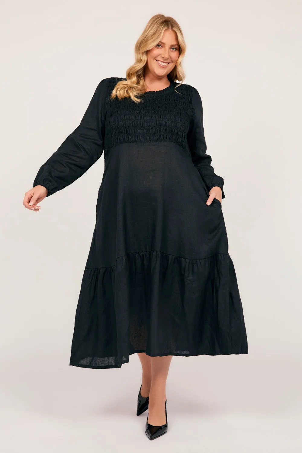 Minden Linen Long Sleeve Shirred Dress in Black Elegance Glow Work Ready