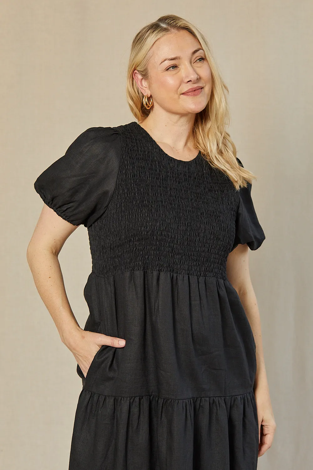 Minden Linen Shirred Short Sleeve Dress in Black Skin Touch City Layers