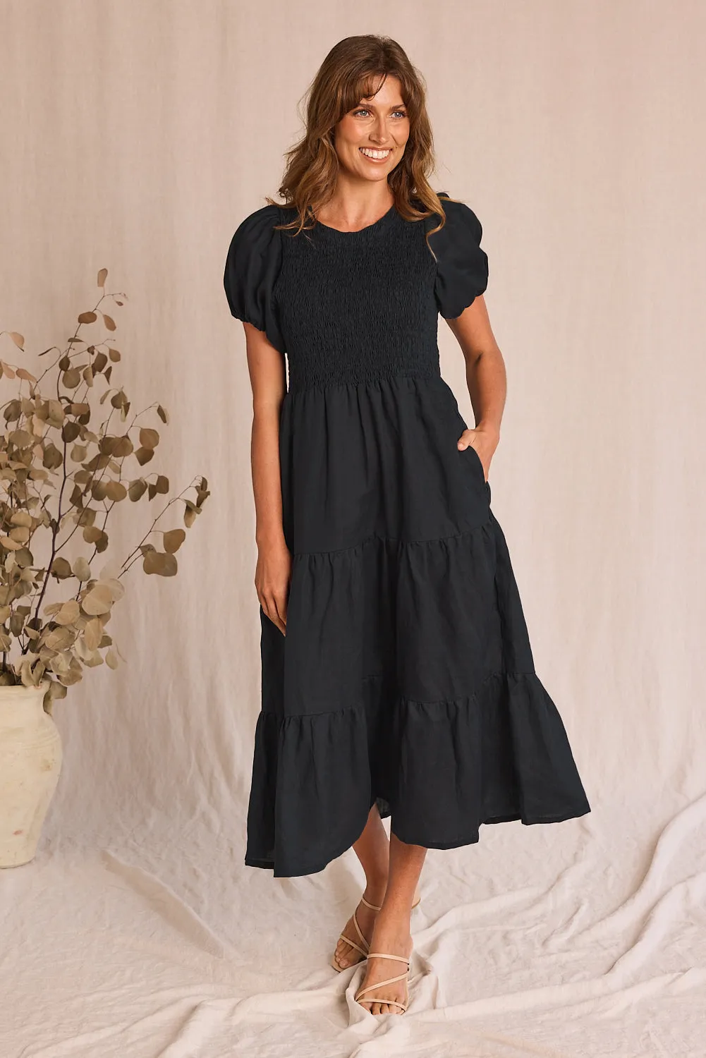 Clean Tone Minden Linen Shirred Short Sleeve Dress in Black