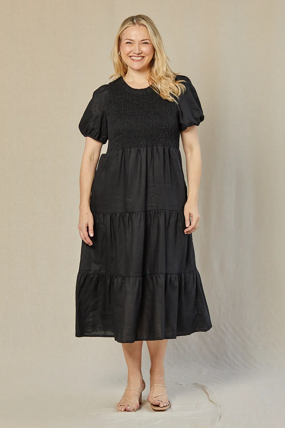 Minden Linen Shirred Short Sleeve Dress in Black Retro Mood Chill Detail