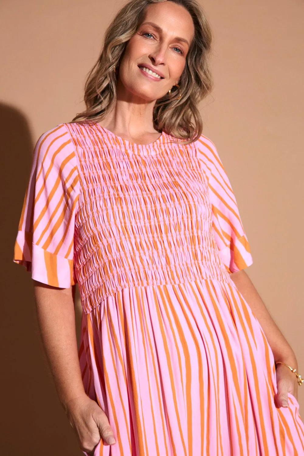 Minden Shirred Dress in Coral Spring Compact Fit