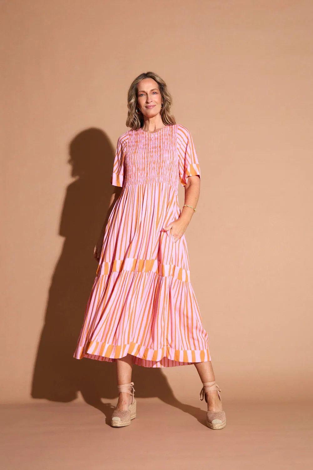 Work Ready Sleek Flow Minden Shirred Dress in Coral Spring