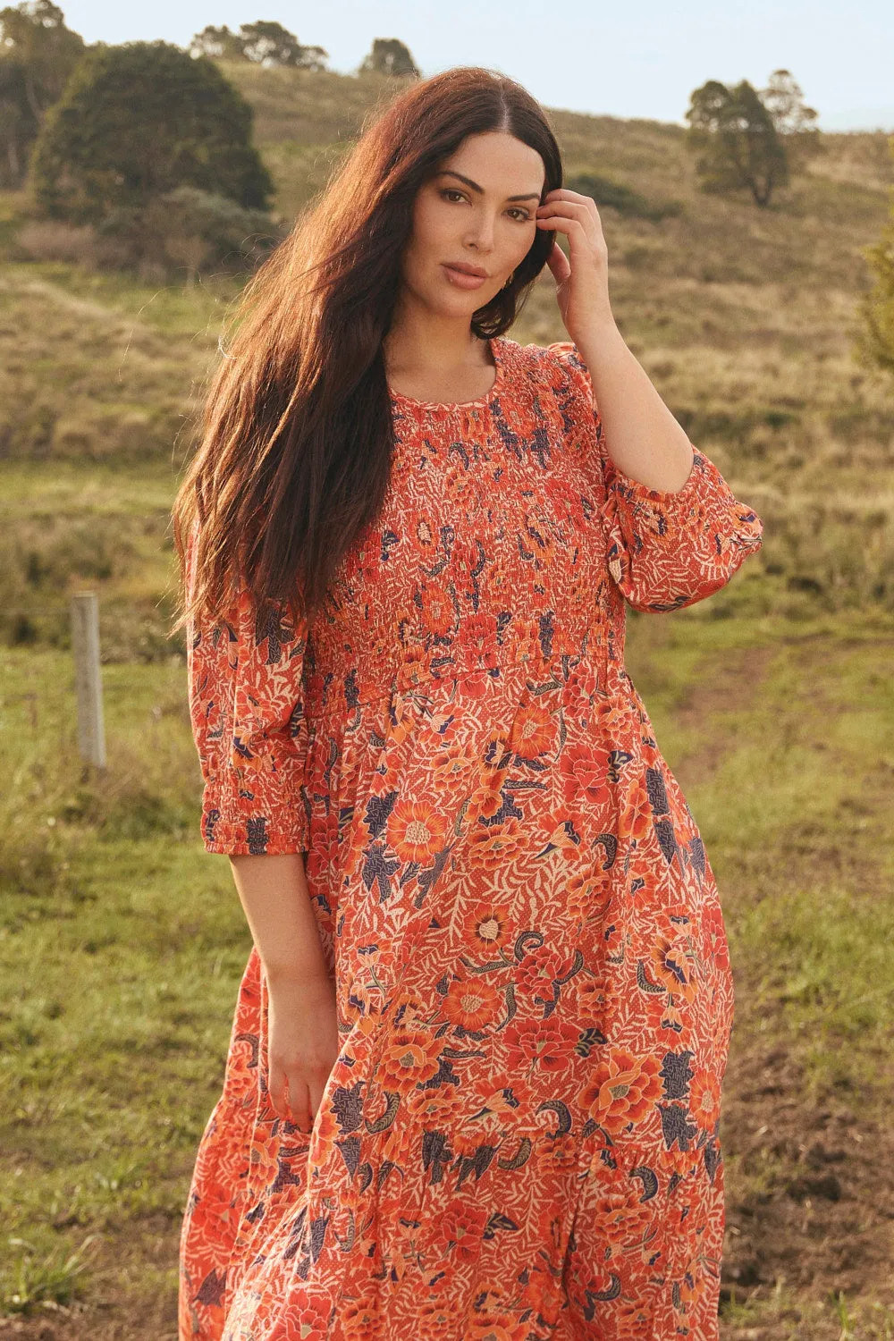 EcoFriendlyDye Minden Shirred Dress in Crimson Haze