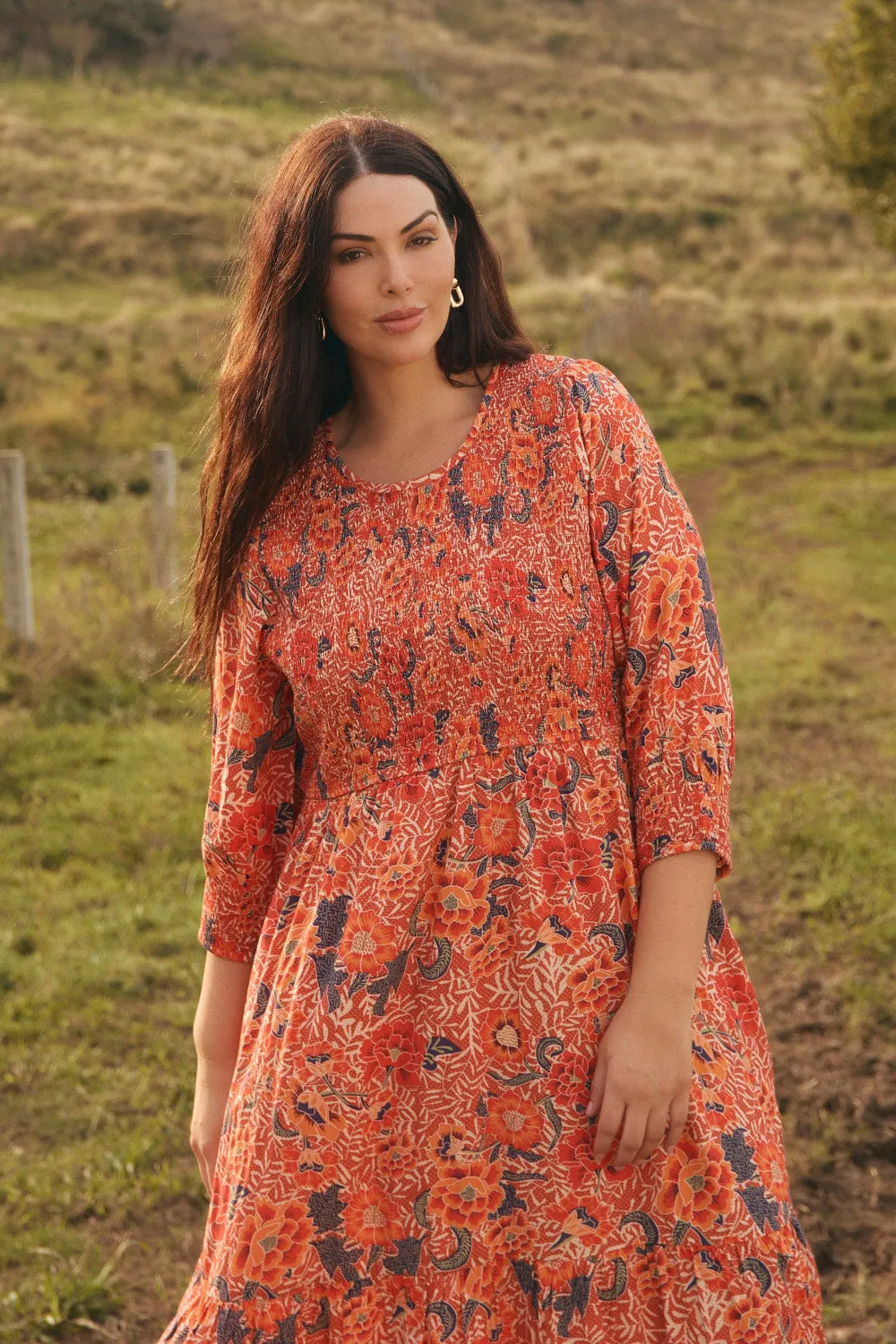 Minden Shirred Dress in Crimson Haze Color Soft