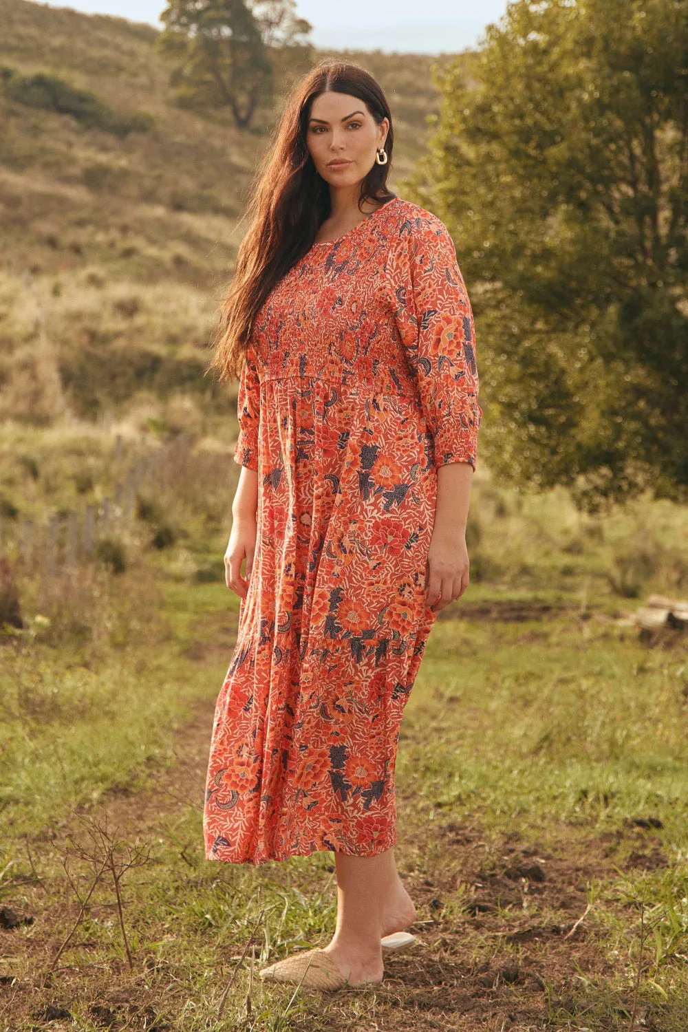 Cozy Drape Fitted Base Minden Shirred Dress in Crimson Haze