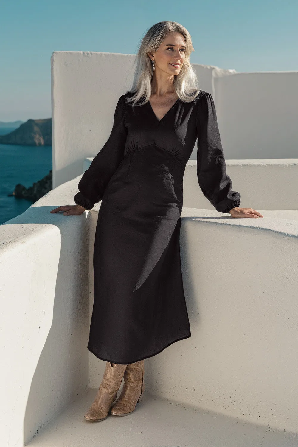Farrah Long Sleeve Linen Dress in Black Elegant Layers Soft Finish