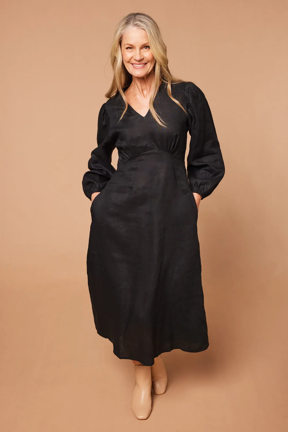 Farrah Long Sleeve Linen Dress in Black Daily Chic Evening Classic