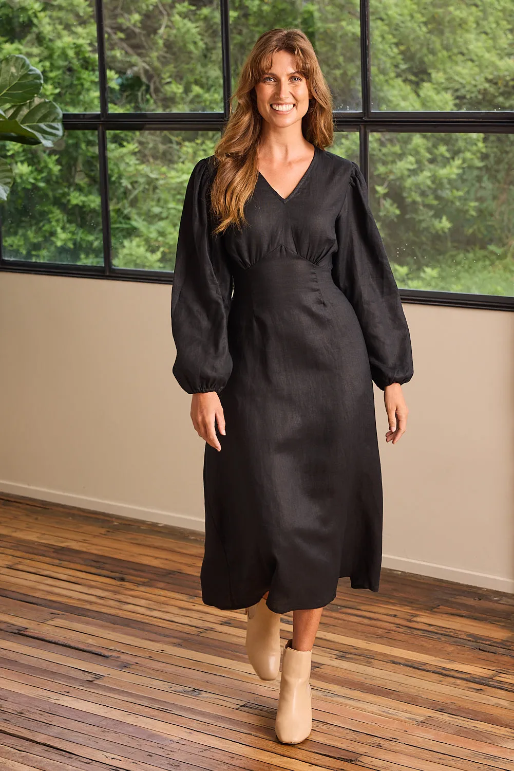 Bloom Soft Farrah Long Sleeve Linen Dress in Black