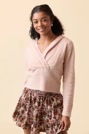 Kayce Pink Hooded V-Neck Surplice Sweater Light Layer