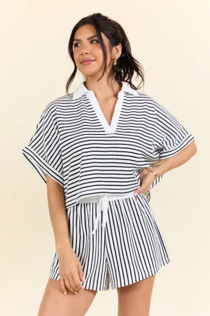 Cool Glow Move With Purpose White And Black Knit Striped Cropped Shirt SALE