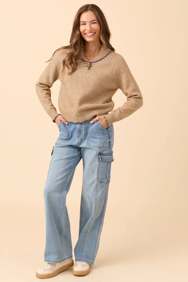 Denim style Fashion Design Nettie Brown V-Neck Toggle Button Sweater