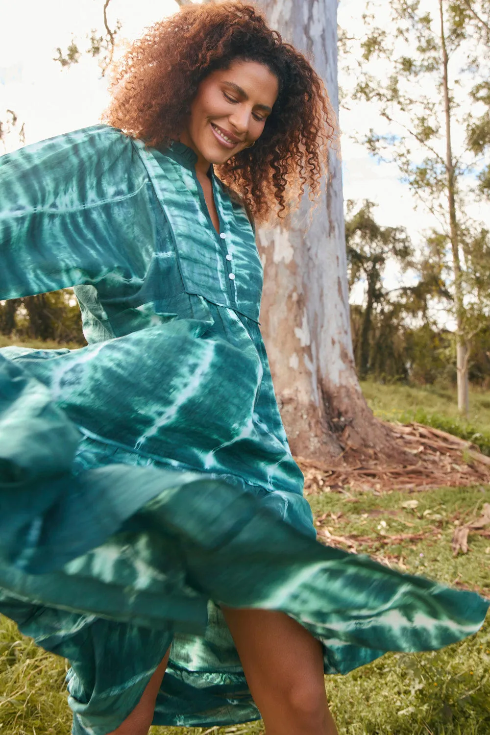 Mirabelle Frill Dress in Shibori Green ConvertibleNeckline Easy and Effortless