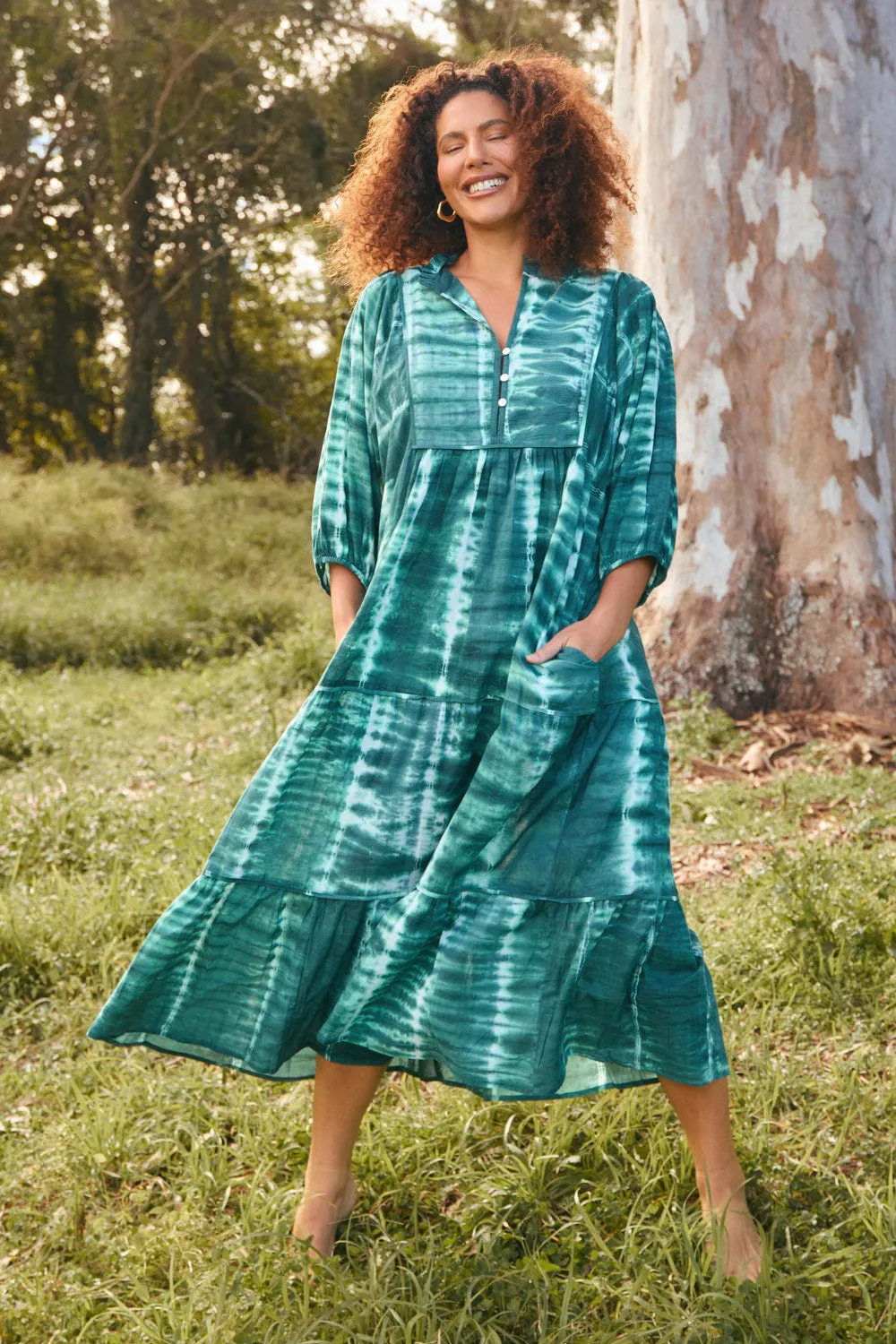 Mirabelle Frill Dress in Shibori Green Air Layer
