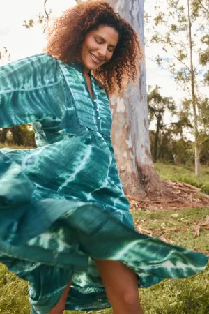 Mirabelle Frill Dress in Shibori Green ConvertibleNeckline Easy and Effortless