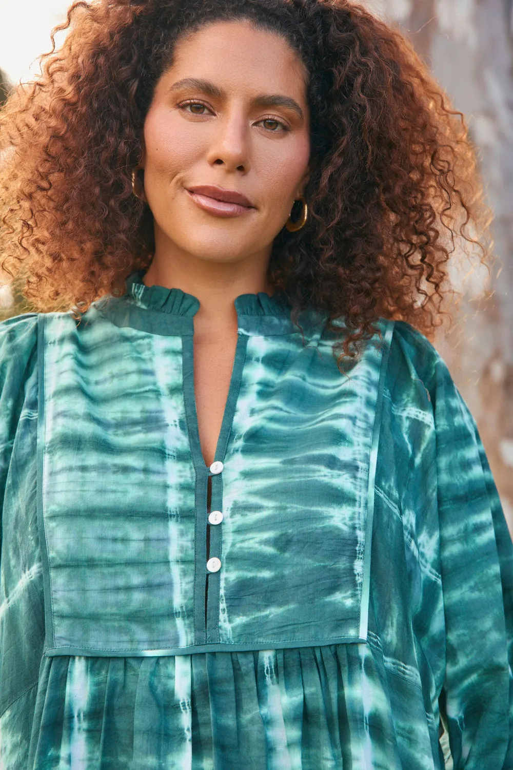 All-Day Wear Functional Fit Mirabelle Frill Dress in Shibori Green