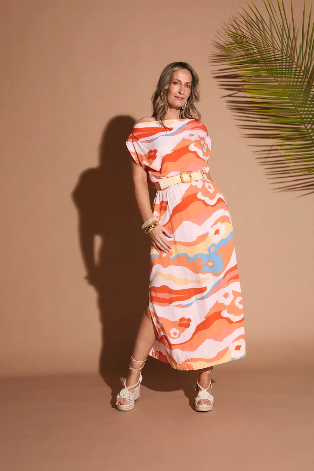 Sculpted Detail Alice Drop Shoulder Maxi Dress in Solene Orange