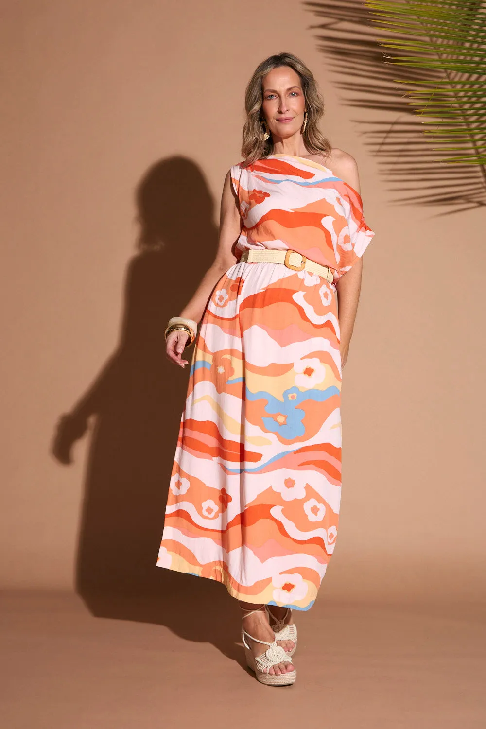 Alice Drop Shoulder Maxi Dress in Solene Orange Side Pleats