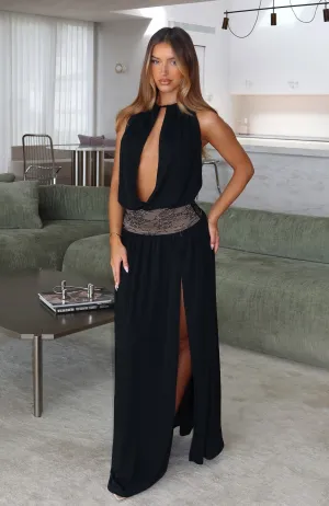 Drawstring-Waist Elegant Everyday Never On Read Maxi Dress Black