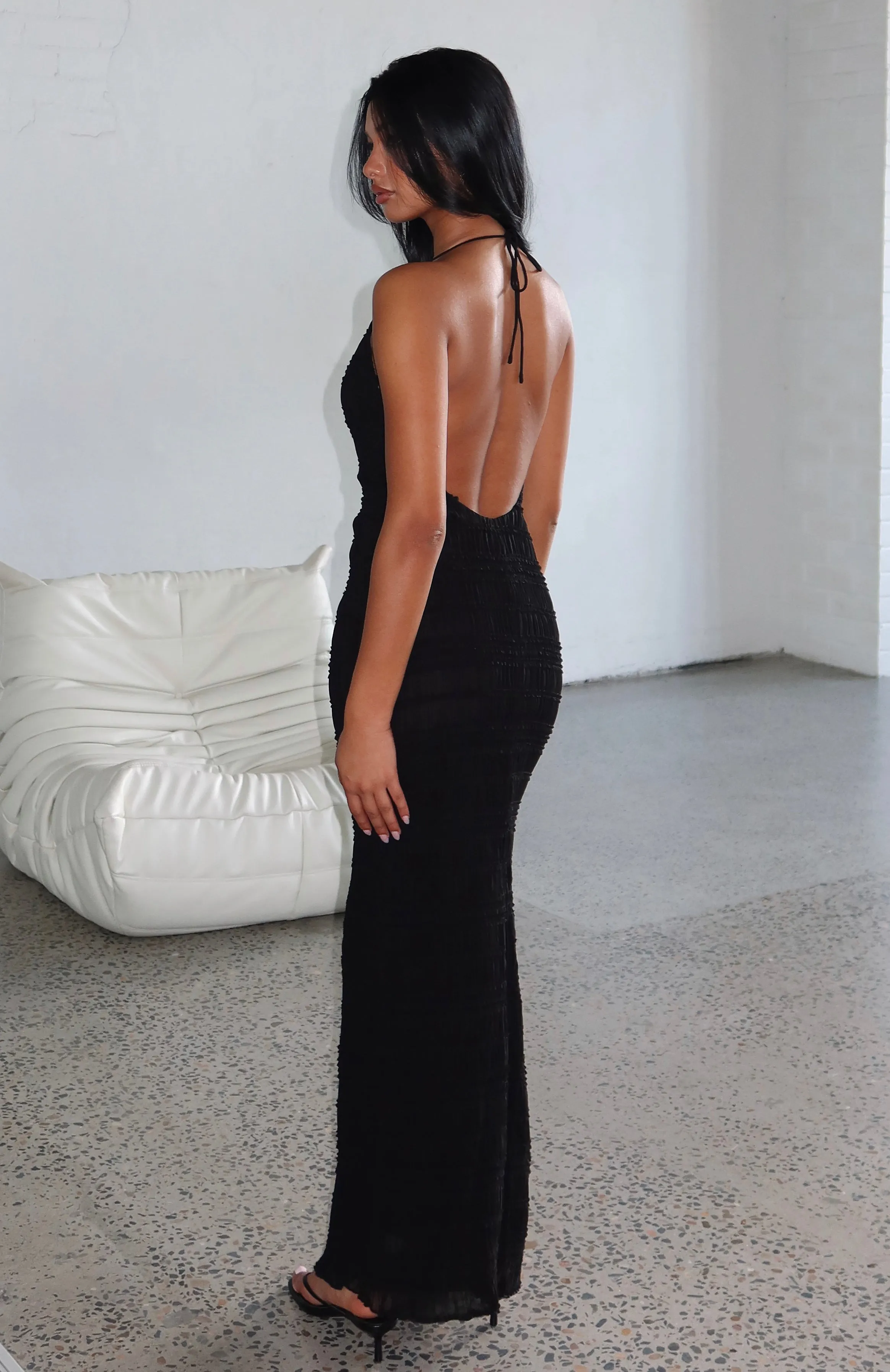 Never Say Goodbye Halter Maxi Dress Black Minimal Motion Layered Texture