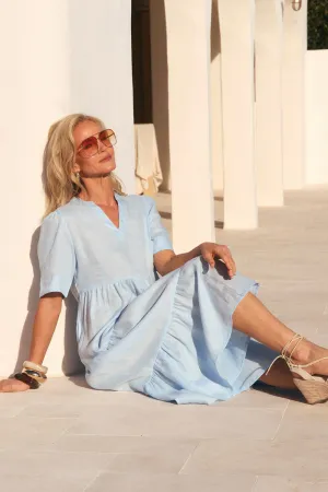 Sabre Linen V-Neck Dress in Powder Blue Elastic-Cuff