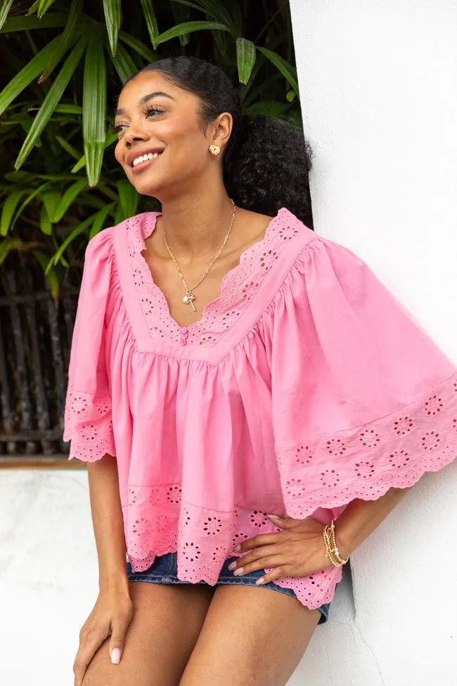 Flatlock stitching No Regrets Pink Eyelet Detail Popover Short Sleeve Blouse