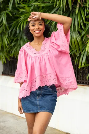 OdorResistantClothing No Regrets Pink Eyelet Detail Popover Short Sleeve Blouse