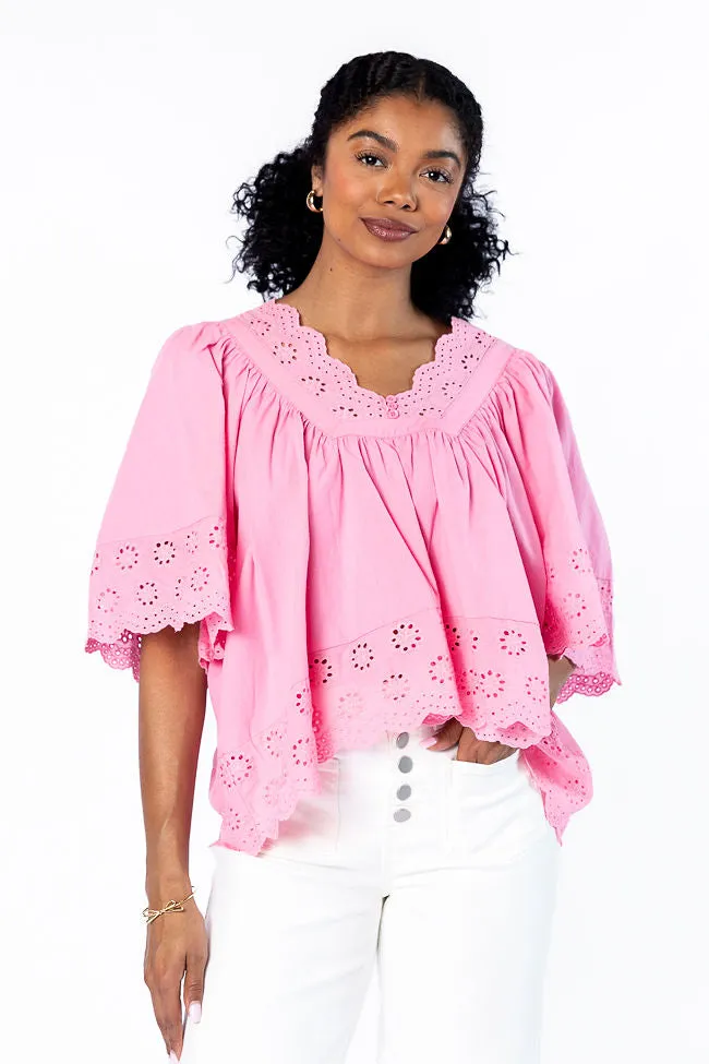 Korean Fresh Champion Glow No Regrets Pink Eyelet Detail Popover Short Sleeve Blouse