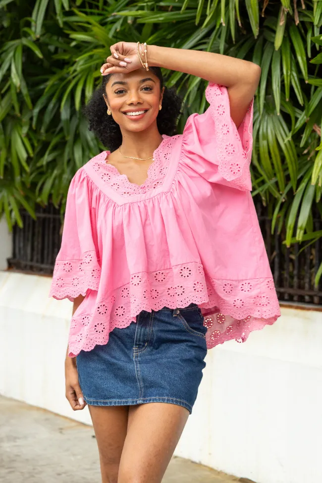 OdorResistantClothing No Regrets Pink Eyelet Detail Popover Short Sleeve Blouse