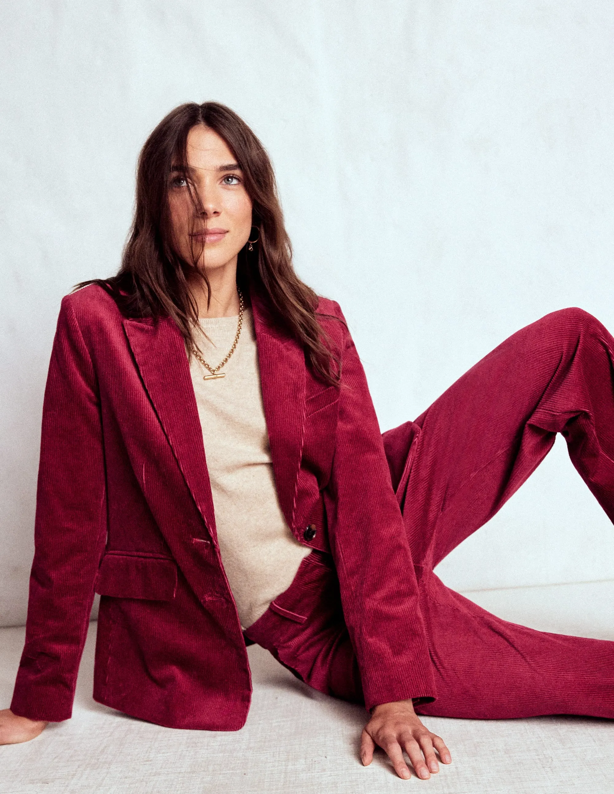 Oversized Silhouette Down Filled Stamford Cord Blazer-Burgundy Red